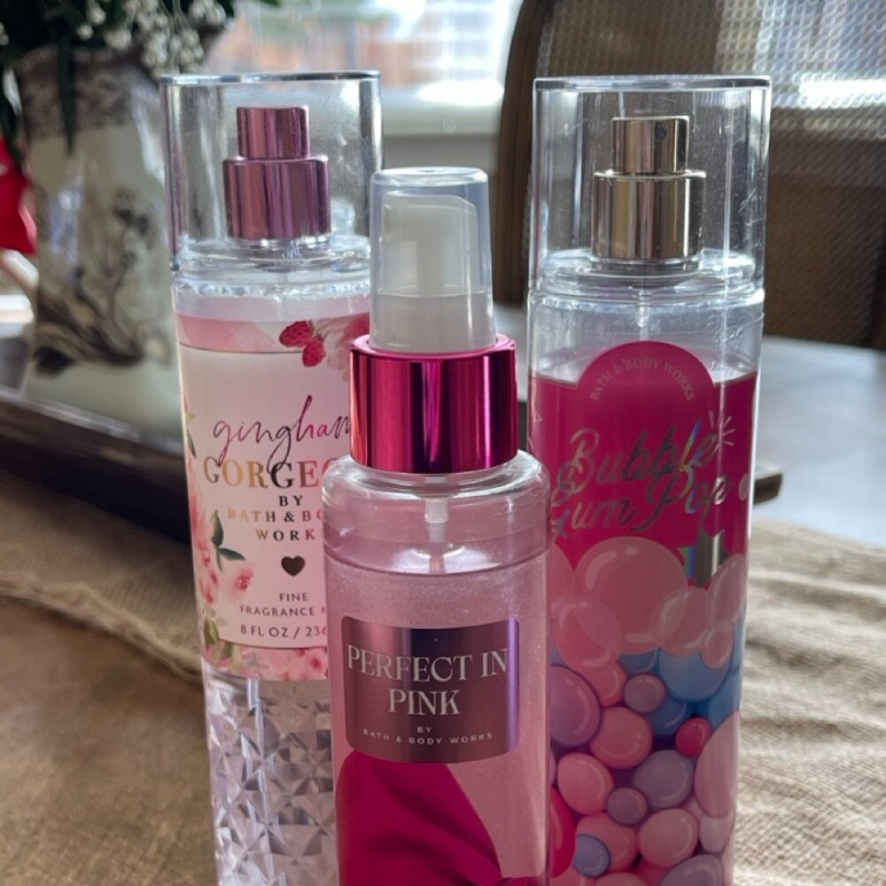 LOT Bath & Body Works Body Sprays Gorgeous Gingham, Bubble Gum, Perfectly Pink!